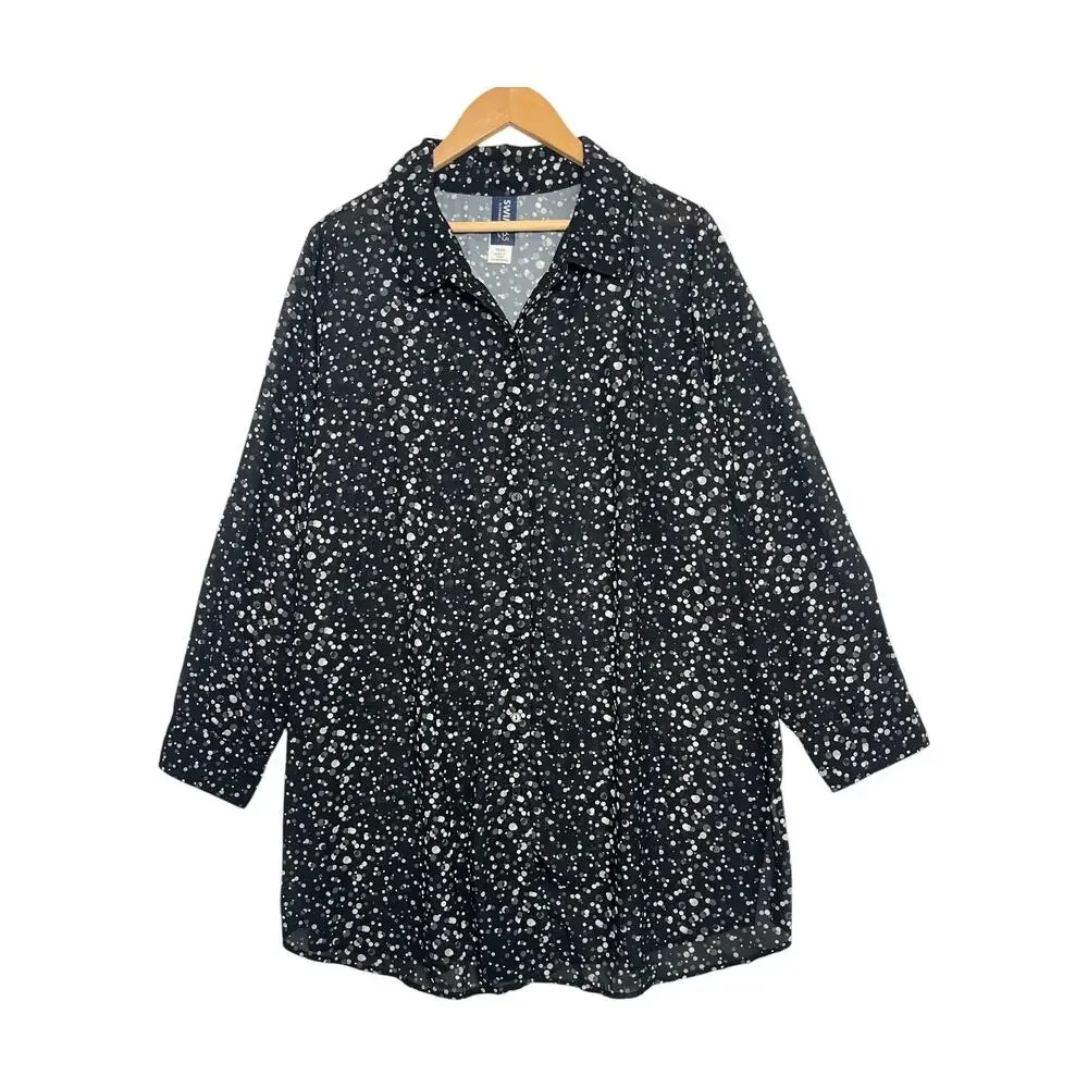 Swim365 Cover Up Womens 18 20 Black Polka Dot Long Sleeve Button Up Beach Resort